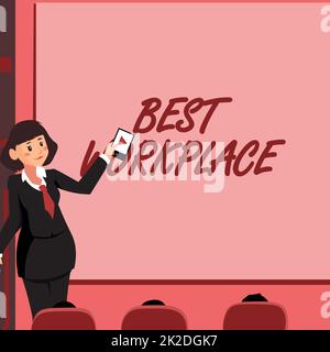 Schreiben mit Anzeige des Textes „Beste Arbeitsumgebung“. Ein Wort über das ideale Unternehmen für die Arbeit mit einer stressfreien Frau mit Fernbedienung, die die neuesten Ideen auf dem Bildschirm präsentiert. Stockfoto