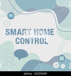 Konzeptunterschrift Smart Home Control. Business Showcase bietet Besitzern Sicherheit Komfort und Energieeffizienz Illustration Ehepaar spricht in Chat Cloud Nachrichten austauschen. Stockfoto