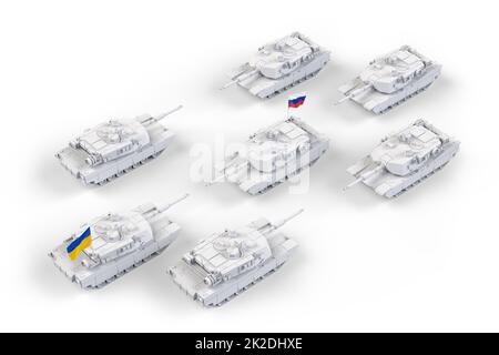 Russische Panzer gegen Ukrainer. Militärischer Aggressionskonflikt. 3D Rendering Stockfoto