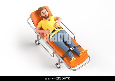 Besorgter Mann auf einer Bahre. Gesundheitskonzept. 3D Abbildung Stockfoto