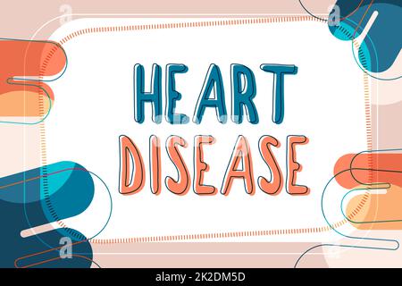 Konzeptionelle Darstellung der Herzkrankheit. Geschäftsansatz Herzerkrankungen mit blockierten Blutgefäßen Textrahmen umgeben von verschiedenen Blumen Herzen und Blättern. Stockfoto