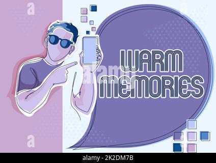 Schreiben Anzeige Text warme Erinnerungen. Business Showcase Warm Memories Line Drawing für Guy Holding Phone präsentiert neue Ideen mit Speech Bubble. Stockfoto
