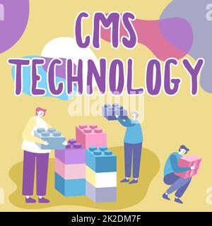 Handschriftlicher Text CMS-Technologie. Konzept bedeutet Programme, die zum Erstellen und Verwalten digitaler Inhalte verwendet werden Kollegen zeigen Cube, die Teamwork repräsentieren und über zukünftige Projekte diskutieren. Stockfoto