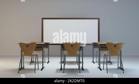 Leeres modernes Klassenzimmer-Konzept mit Schulmöbeln im Hintergrund 3D-Rendering Stockfoto