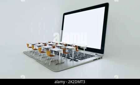 Digitales Klassenraumkonzept für Online-Bildung. Moderner Schreibtisch mit Laptop-Tastatur. 3D-Rendering Stockfoto