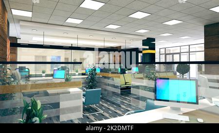 Große offene Büroräume, Perspektive, Innendesign, 3D-Rendering Stockfoto