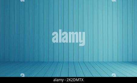 Blaues 3D-Rendering mit Holzboden- und Wandtextur im Hintergrund Stockfoto