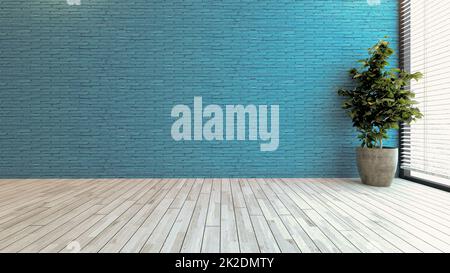Minimalistisches Design mit blauer Backsteinwand für moderne 3D-Rendering im Büro oder zu Hause Stockfoto