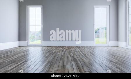 Leeres Wohnzimmerkonzept mit Fenstern und Holzfußboden, 3D-Darstellung Stockfoto