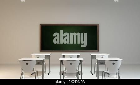 Leeres modernes Klassenzimmer-Konzept mit weißen Schulmöbeln im Hintergrund, 3D-Rendering Stockfoto