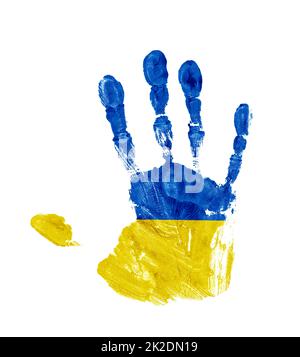 Handdruck mit den Farben der ukrainischen Flagge isoliert auf weißem Hintergrund Stockfoto