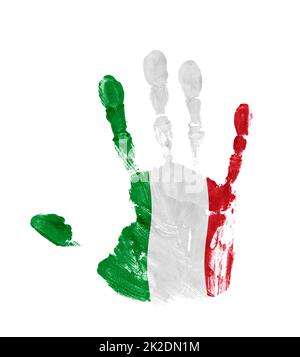 Handprint mit den Farben der italienischen Flagge isoliert auf weißem Hintergrund Stockfoto