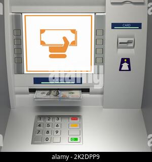 Geldautomat, Banknoten in Geldautomat 3D-Illustration Stockfoto