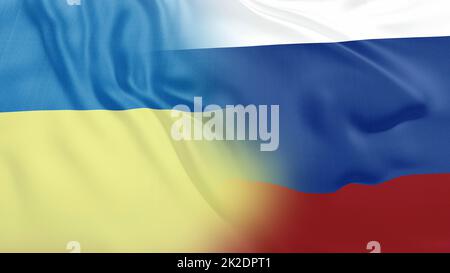 Die ukrainische und die russische Flagge winken zusammen Stockfoto