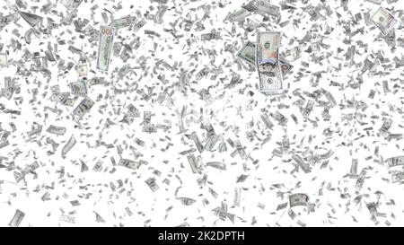 Herunterfallende Banknoten auf weißem Hintergrund isoliert Stockfoto