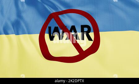 Die ukrainische Flagge winkte Animation mit „kein Krieg“-Text und -Symbol Stockfoto