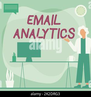 Textzeichen mit E-Mail-Analyse. Konzept, das eine Methode zur Aufschlüsselung der Öffnungsrate darstellt, um Einblicke in die Empfängerfrau im Stehbüro zu erhalten, die ein Notebook mit Sprechblase neben einer Pflanzenvase verwendet. Stockfoto