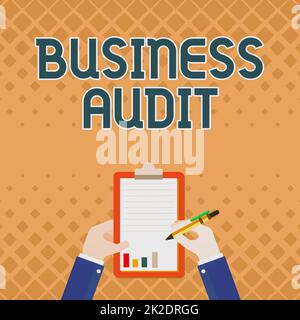 Konzeptionelle Darstellung Business Audit. Geschäftsüberblick Untersuchung des Finanzberichts einer Organisation Business Associate Holding Clipboard zur Dokumentation von Berichten mit Pen. Stockfoto