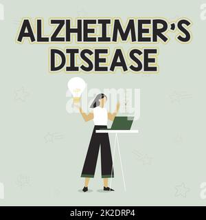 Zeichen, das Alzheimer S zeigt, ist Krankheit. Business Showcase Fortgeschrittene geistige Verschlechterung, die im Alter auftritt Illustration eines Mädchens, das ein Notebook verwendet, hat Ideen und erstellt Checklisten. Stockfoto