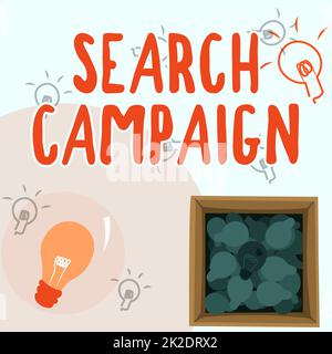 Schreiben mit Anzeige von Text Suchkampagne. Business Showcase-Methode, um Online-Werbung auf Webseiten zu platzieren Glühbirnen in Box anzeigen Neue Entdeckungen anzeigen. Stockfoto