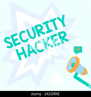 Textunterschrift für Security Hacker. Konzept bedeutet, dass jemand Methoden zur Verletzung der Abwehr erforscht. Megaphone Drawing mit Lightning Wave Sound macht eine laute Ankündigung. Stockfoto