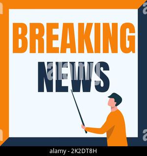 Handschrift, Schild "Breaking News". Geschäftsidee aktualisierter Pressebericht Neueste Informationen Dozent Drawing Holding Stick Pointing Board zeigt neue Lektionen. Stockfoto