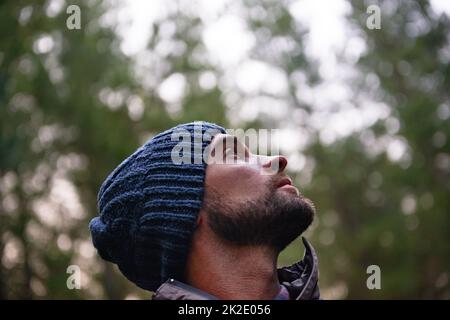 Schönheit in der Natur, um die Seele zu inspirieren. Ausgeschnittene Aufnahme eines hübschen jungen Wanderers in einem Wald. Stockfoto