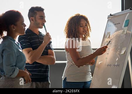 Planung für den Erfolg, den sie erreichen wollen. Aufnahme einer Gruppe junger Designer, die in einem Büro an einem Whiteboard Brainstorming durchführen. Stockfoto