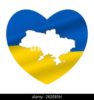 Ukraine Karte im Herzen Symbol. Abstrakte patriotische ukrainische Flagge mit Liebessymbol. Blaue und gelbe konzeptionelle Idee - mit der Ukraine im Herzen. Unterstützung des Landes während der Besatzung. Beenden Sie den Krieg. Stockfoto