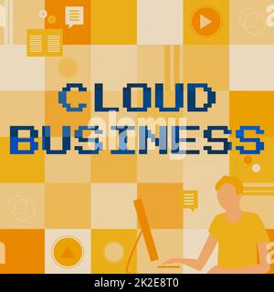 Textzeichen für Cloud Business. Business Concept Computing, das auf gemeinsam genutzten Computing-Ressourcen basiert Geschäftsmann innovatives Denken, führende Ideen für eine stabile Zukunft. Stockfoto