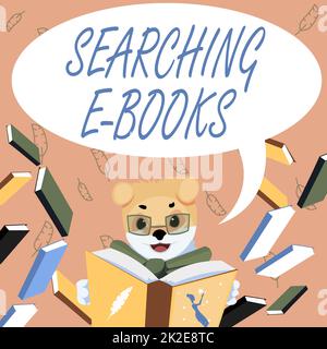 Textbeschriftung für die Suche nach E-Books. Internetkonzept auf der Suche nach einer elektronischen Form von Unterrichtsmaterial Fox mit Brille sitzt in der Bibliothek ein Buch lesen studieren. Stockfoto