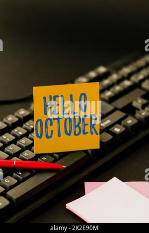 Konzeptdarstellung Hallo Oktober. Begrüßung von Geschäftsideen, die bei der Begrüßung des 10.. Monats des Jahres verwendet wird. Geben Sie Kochanweisungen und Zutatenlisten ein, und schreiben Sie den Online-Food-Blog Stockfoto