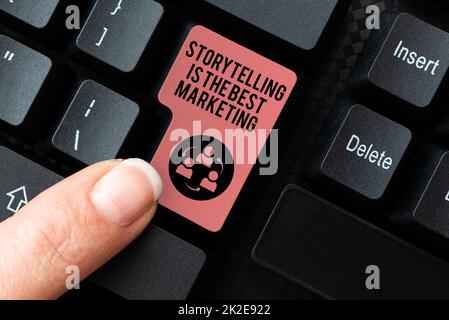 Konzeptionelle Präsentation Storytelling ist das beste Marketing. Unternehmensübersicht Unternehmen effektiver Marketingansatz Tägliches Schreiben von Erinnerungsnotizen, Erstellen von Online-Präsentationen Stockfoto