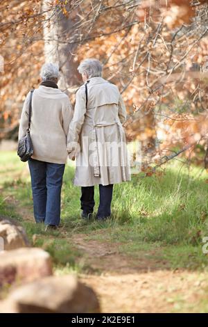 Ein Spaziergang am Nachmittag. Rückansicht von zwei älteren Frauen, die gemeinsam spazieren gehen. Stockfoto