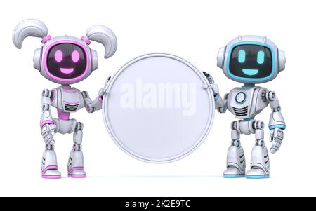 Niedliche rosa Mädchen und blauen Jungen Roboter halten leere Kreis Zeichen 3D Stockfoto