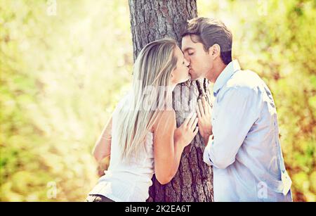 Gefangen in der Romantik. Aufnahme eines jungen Paares, das sich an einem Baum küsst. Stockfoto