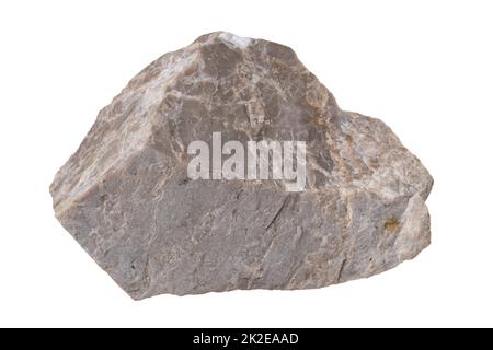Mineralien isoliert. Nahaufnahme einer Gesteinsprobe eines natürlichen Sedimentgesteins, eines grauen oder weißen Kalksteinkonglomerats, isoliert auf weißem Hintergrund. Stockfoto