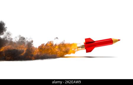 Bleistift in Form einer Rakete, die abhebt. Stockfoto