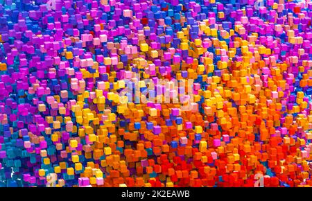 Geometrischer abstrakter Hintergrund mit Tausenden von mehrfarbigen Würfeln. Stockfoto