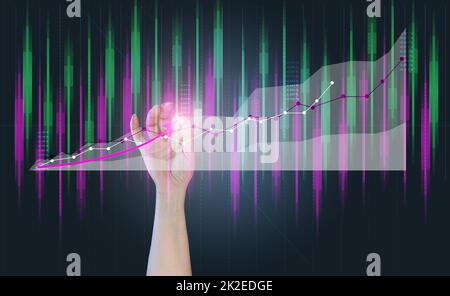 Holographisches Diagramm mit steigenden Zinsen und Indikatoren. Geschäftswachstumskonzept, hohe Profitabilität, erfolgreiche Gründung. Das Wachstum des Wechselkurses Stockfoto