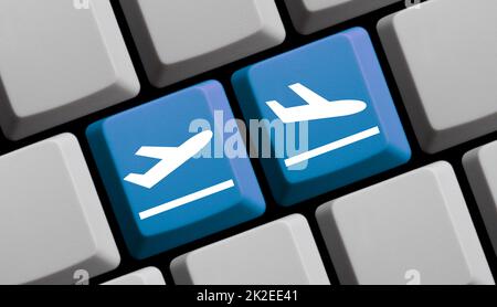 Computertastatur, die den Flughafen oder Abflug und die Ankunft zeigt, Abbildung 3D Stockfoto