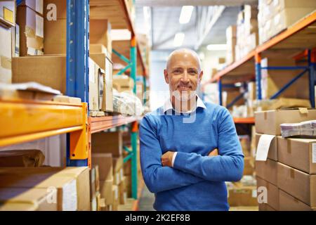 Ich mache eine großartige Arbeit und weiß es. Porträt eines Lagermitarbeiters, der neben Regalen mit Kisten steht. Stockfoto