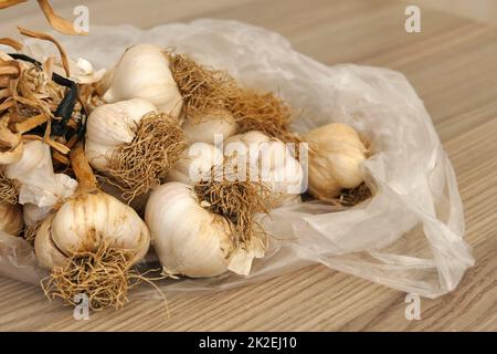 Ein Haufen getrockneter Knoblauch - viele getrocknete Knoblauchköpfe, Nahaufnahme getrockneter Knoblauch in einem Haufen Stockfoto