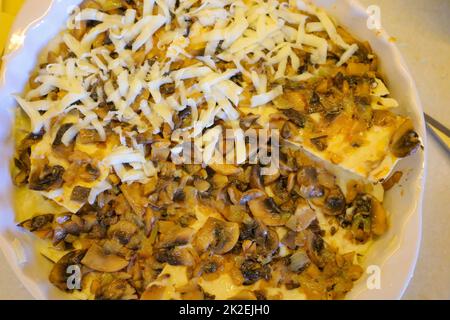 Hausgemachte Pilzlasagne mit Käse, Blick von oben, Hintergrund mit köstlichem Essen Stockfoto