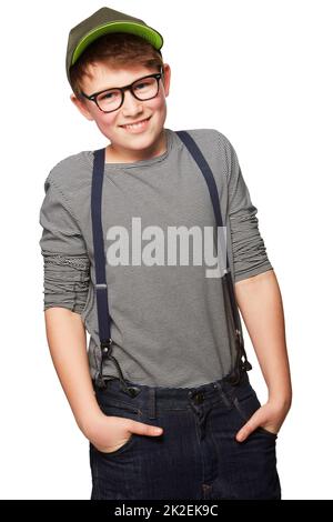 Nerdy ist der neue coole. Ein Teenager, der einen Hut und eine Brille trägt. Stockfoto