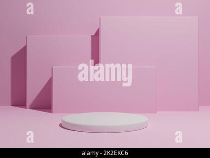 Hell, pastellfarben, lilavendelrosa, 3D-Darstellung eines einfachen, minimalistischen Hintergrunds mit einem Podium oder Ständer und geometrischen quadratischen Formen im Hintergrund. Stockfoto