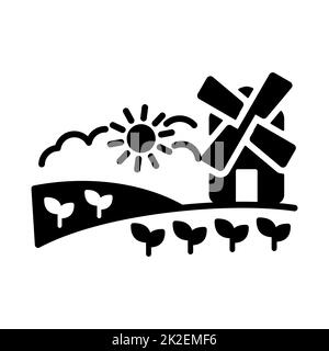 Ländliche Landschaft mit Windmühlen-Glyphe-Symbol Stockfoto