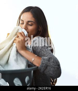 Ich habe meine Arbeit richtig gemacht, die Wäsche riecht super. Aufnahme einer jungen, attraktiven Frau, die zu Hause ihre Wäsche macht. Stockfoto