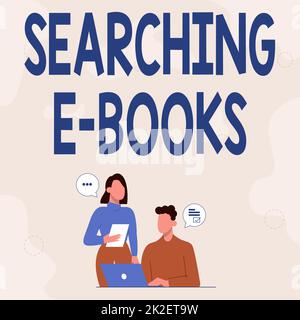 Textbeschriftung für die Suche nach E-Books. Konzept bedeutet, nach einer elektronischen Form von Schulungsmaterial zu suchen Partner teilen neue Ideen für Arbeitsstrategien zur Verbesserung von Fähigkeiten. Stockfoto