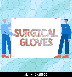 Textbeschriftung mit OP-Handschuhen. Konzept bedeutet Schutz vor der Exposition gegenüber infektiösen Materialien zwei Männer zeichnen mit leerem Papierhintergrund präsentieren neue Ideen. Stockfoto